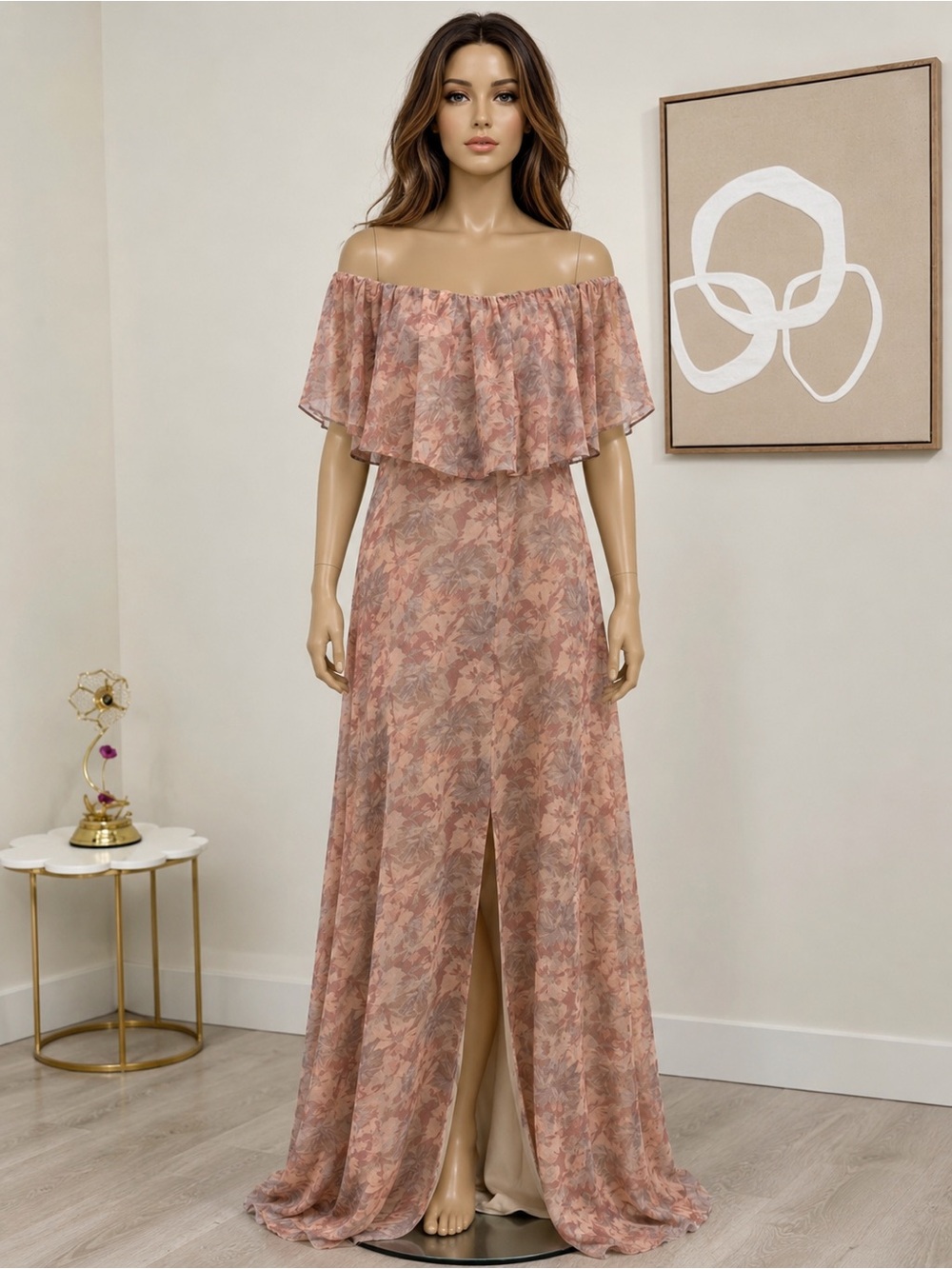 Wayf Pink Floral Off-Shoulder Maxi Dress